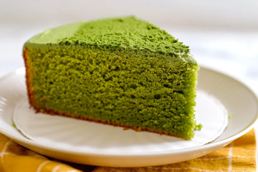 Matcha cake slice showing natural green crumb and soft texture