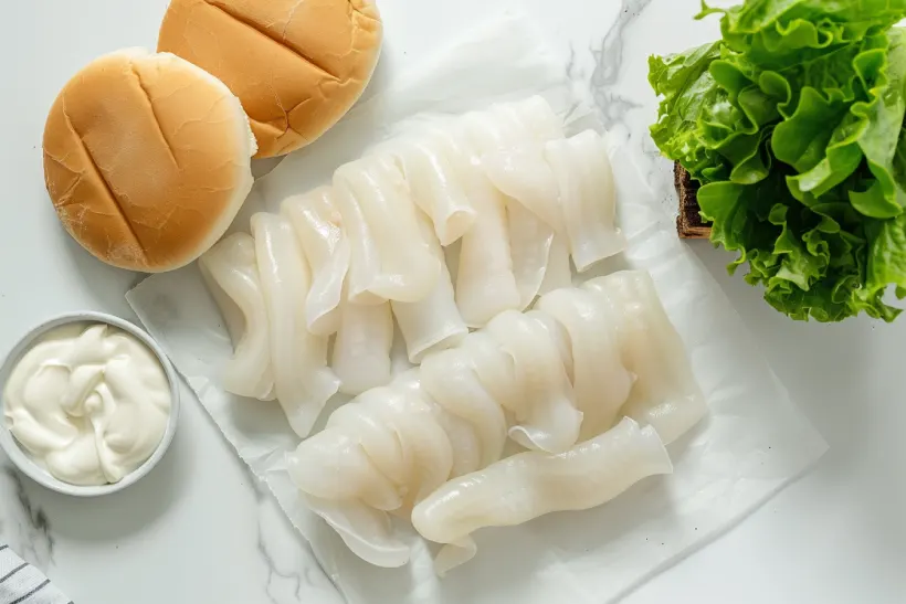 Ingredients for a calamari burger including raw calamari, buns, lettuce, and sauce