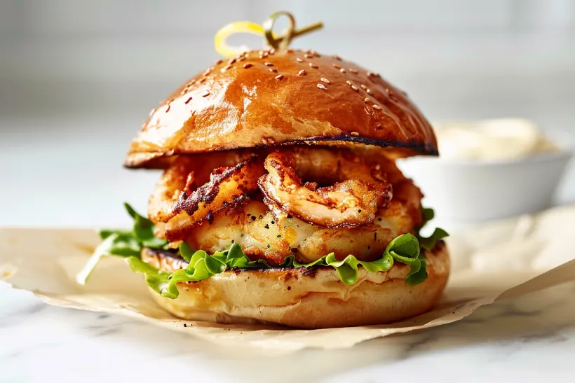 Finished calamari burger served on parchment paper with crisp lettuce