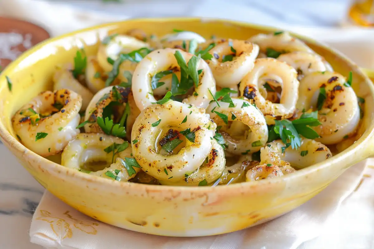 Tender calamari salad served in a yellow bowl on white marble countertop