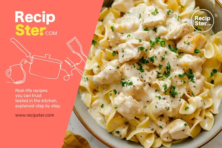 Creamy chicken and noodles with tender chicken pieces and egg noodles in a rich creamy sauce
