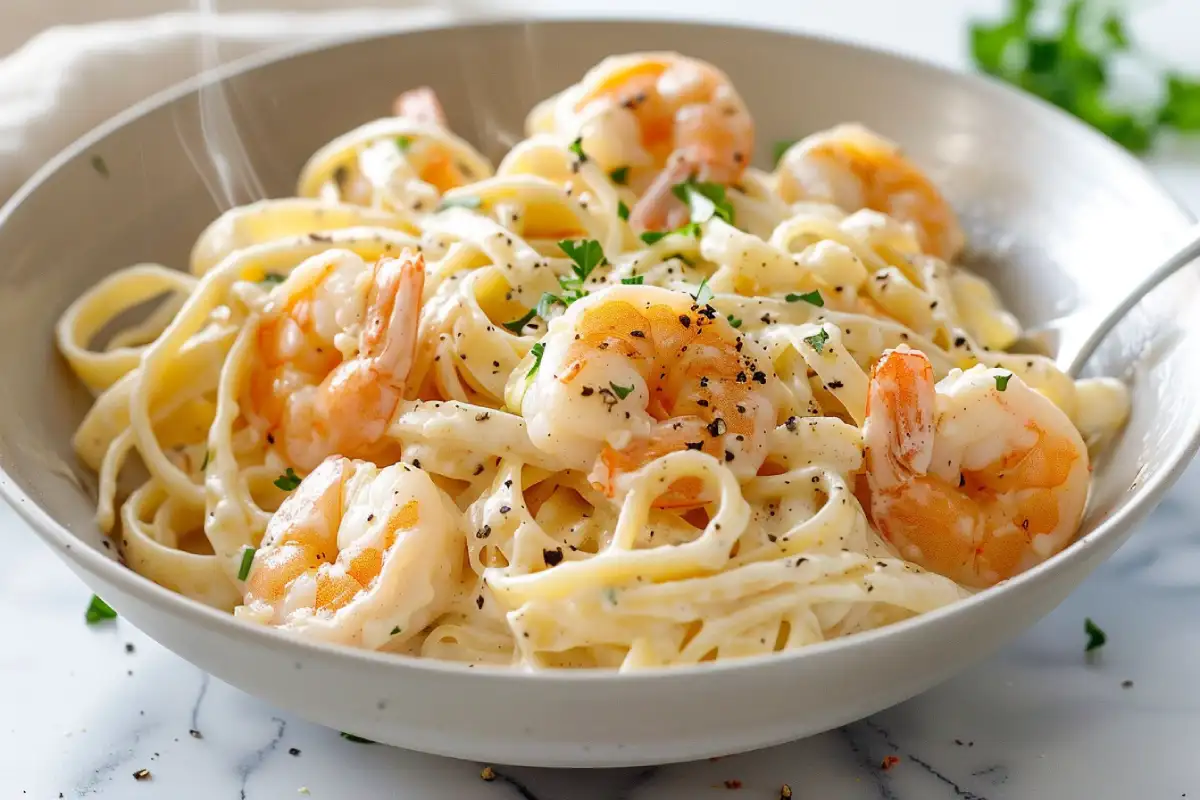 Creamy shrimp alfredo with parmesan cream sauce served in a white bowl