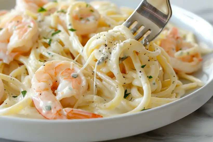 Close-up of creamy shrimp alfredo with parmesan sauce and shrimp