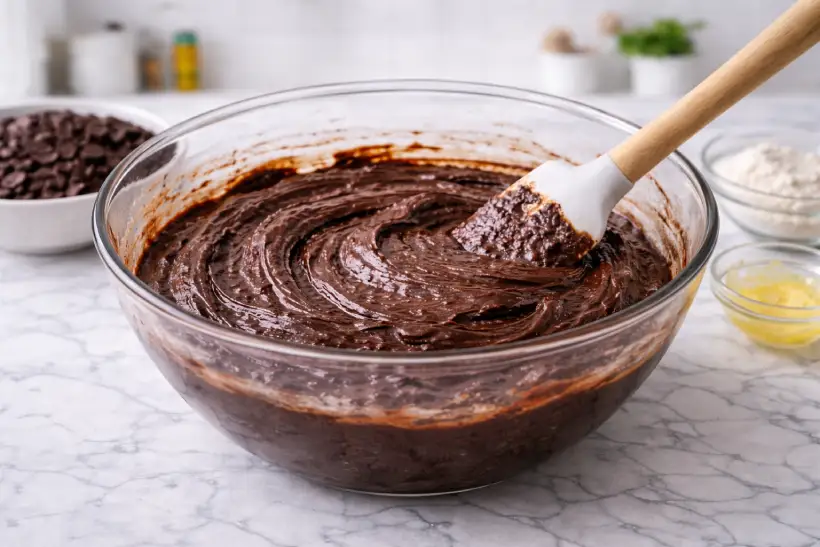 Thick glossy chocolate brownie batter mixed until smooth