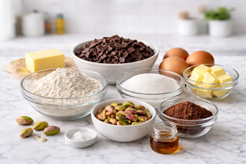 Ingredients for Dubai chocolate brownie recipe arranged on a white marble countertop