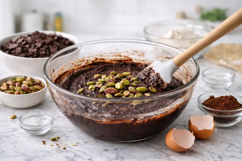Chopped pistachios folded into chocolate brownie batter