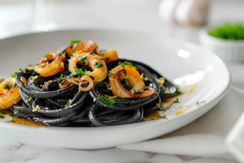 Finished calamari ink pasta with tender calamari served in a white plate