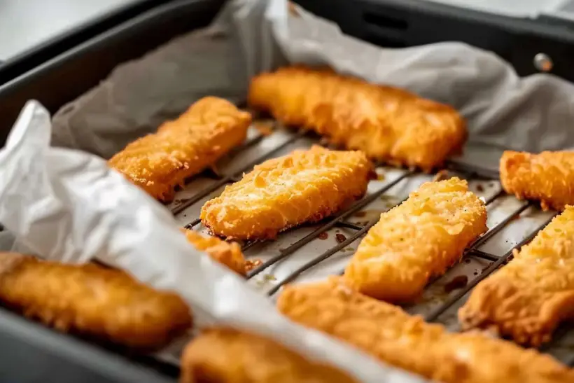 Fish sticks cooking on parchment paper inside an air fryer basket.