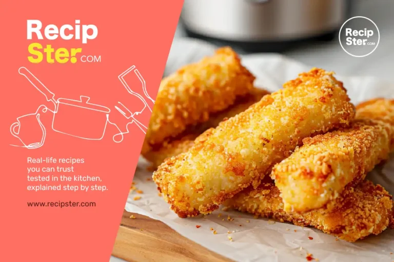 Crispy fish sticks in air fryer style served on parchment paper with dipping sauces and an air fryer in the background.