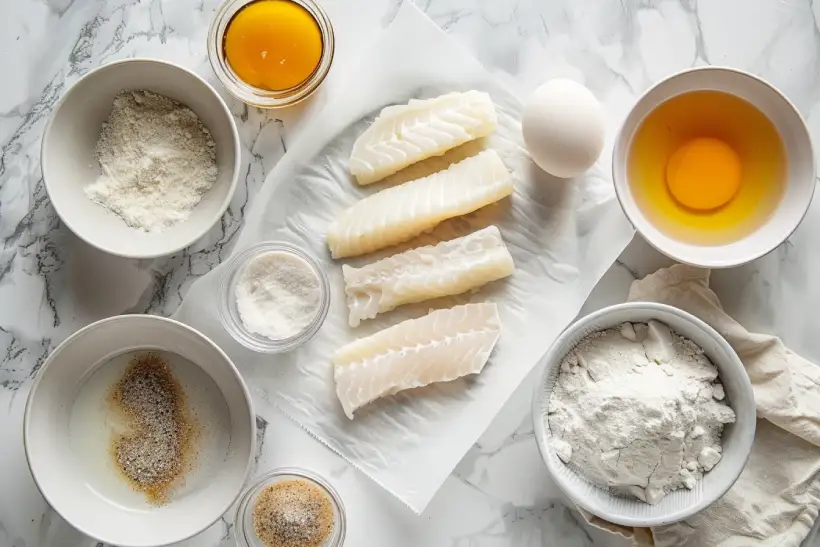 Fish stick ingredients laid out on parchment paper over white marble.