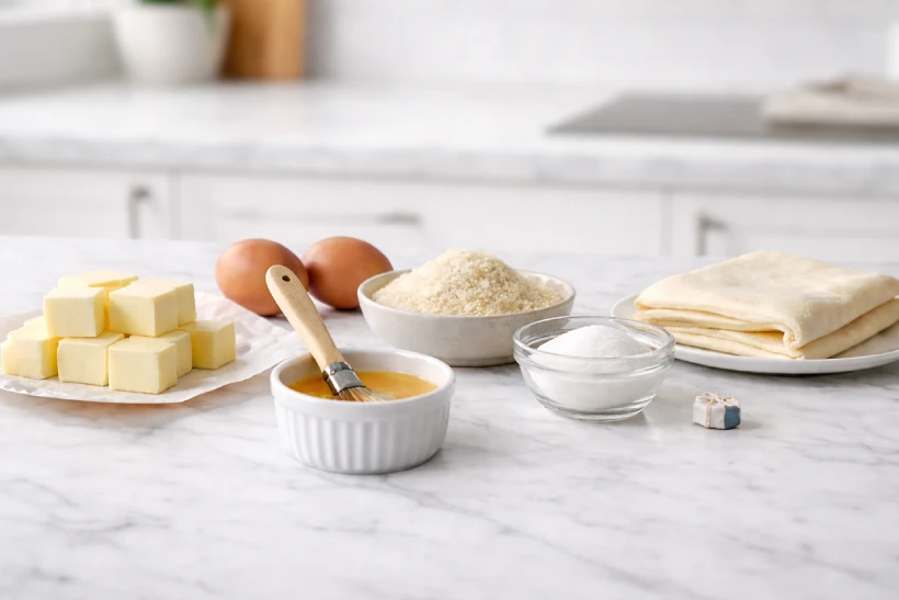 Ingredients for Traditional Galette des Rois arranged on a white marble countertop, including butter, eggs, almond flour, sugar, puff pastry, and fève