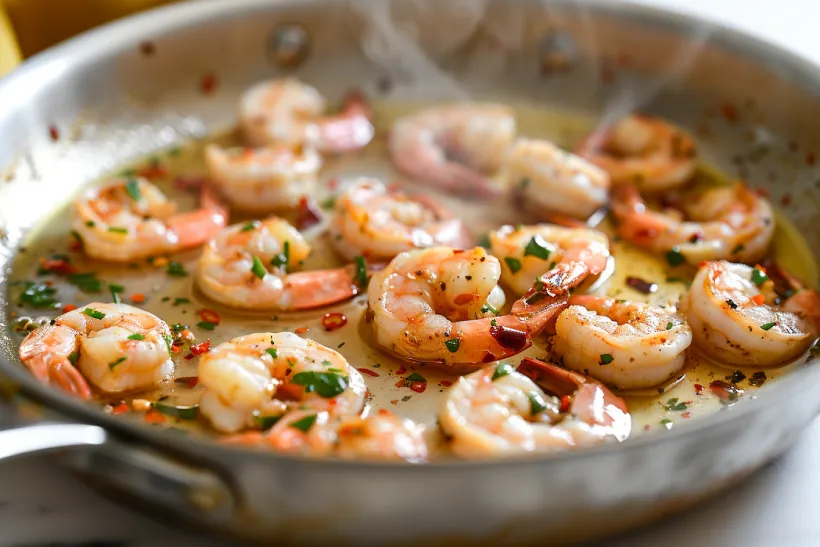 Shrimp gently cooking in olive oil with garlic and chili for gambas pil pil