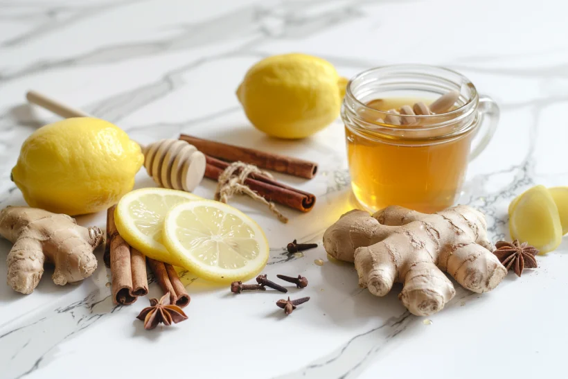 Ginger tea ingredients including lemon, ginger root, cinnamon sticks, cloves, and honey displayed on white marble.