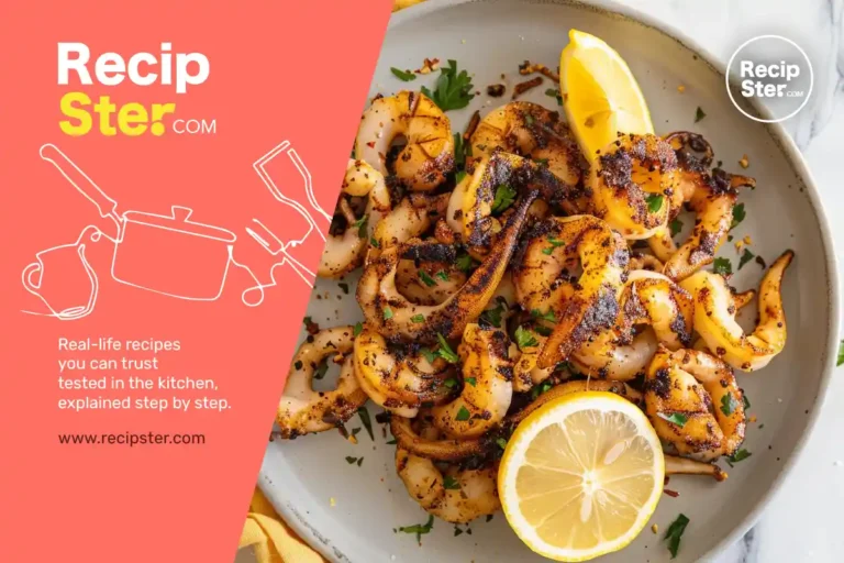 Grilled calamari recipe with lightly charred calamari rings and tentacles, finished with lemon and parsley on a neutral plate