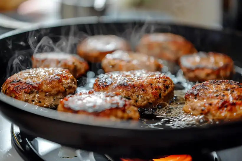 Ground chicken burgers cooking in a skillet