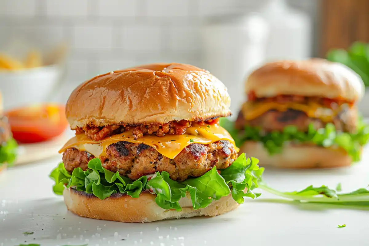 Juicy ground chicken burgers with melted cheese on a soft bun