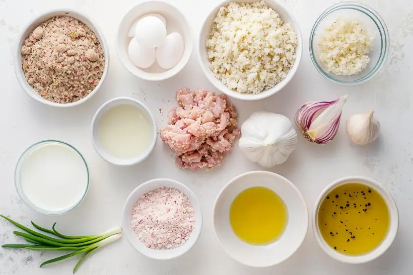 Ingredients for ground chicken burgers on a white countertop