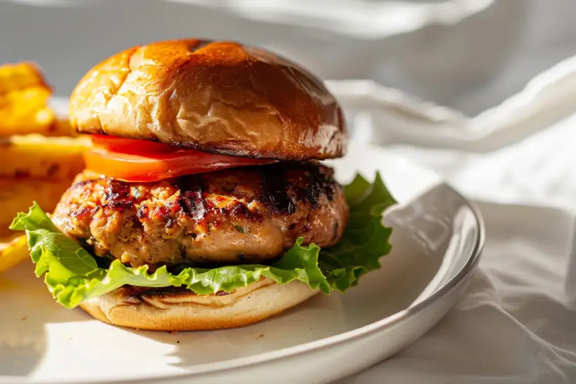 Plated ground chicken burgers ready to serve