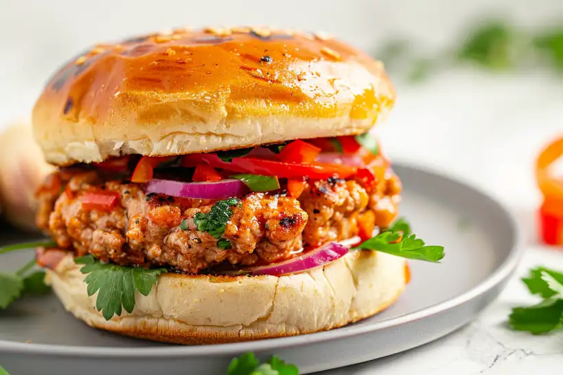 Ground chicken burger topped with peppers, red onion, and herbs on a toasted bun.