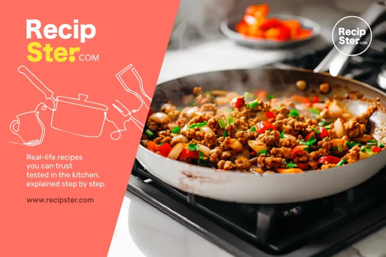Ground chicken sautéed with red bell pepper, onions, and herbs in a white skillet over heat, steam rising.
