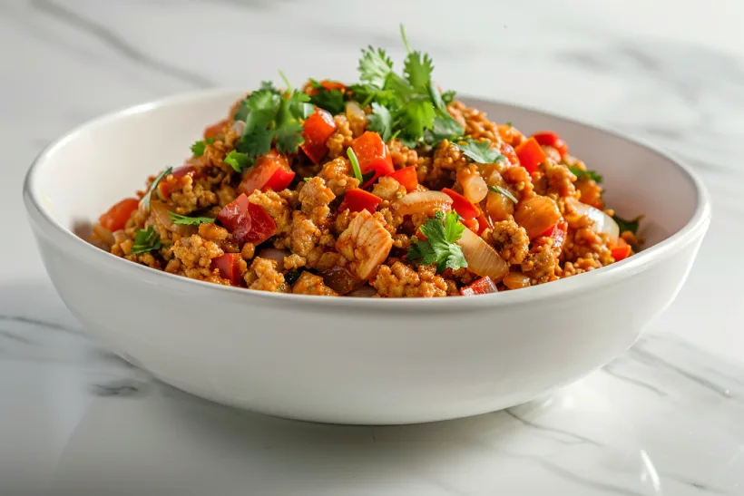 Cooked ground chicken with peppers, onions, and herbs served in a white bowl.