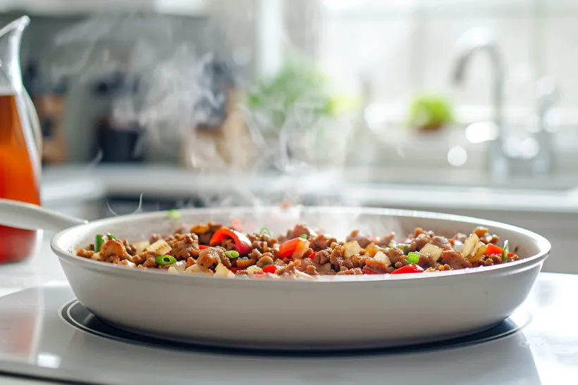 Ground chicken cooking with peppers and onions in a white skillet, steam rising.