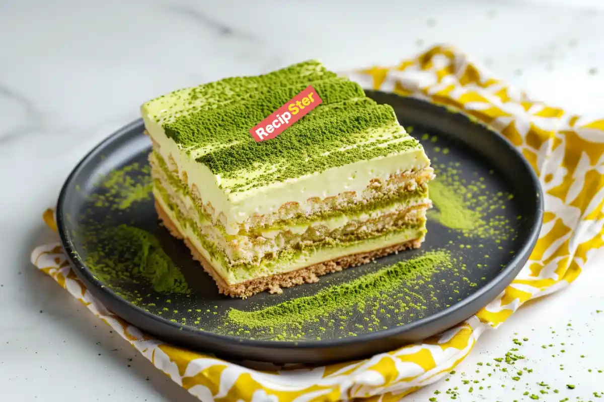 Slice of matcha tiramisu on a matte black plate with matcha dusting on white marble and yellow patterned cloth