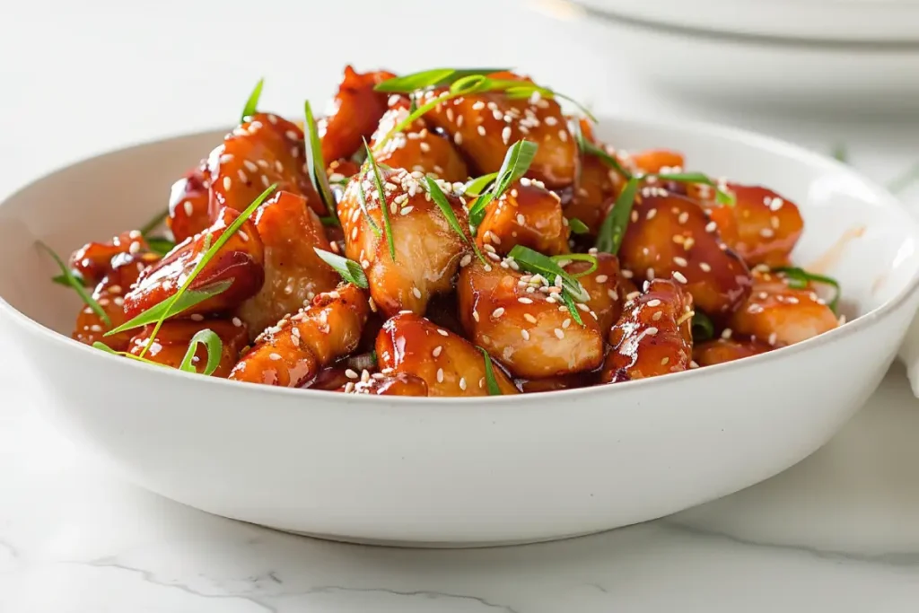 Honey Ginger Chicken in a white bowl with glossy honey-ginger glaze and sesame seeds on white marble.”