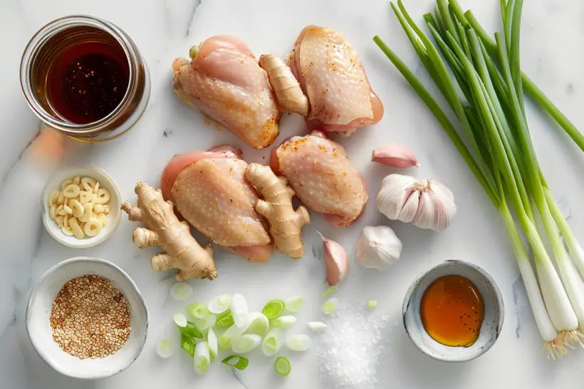 “Ingredients for Honey Ginger Chicken laid out on white marble: chicken thighs, ginger, garlic, honey, soy sauce, sesame oil.”