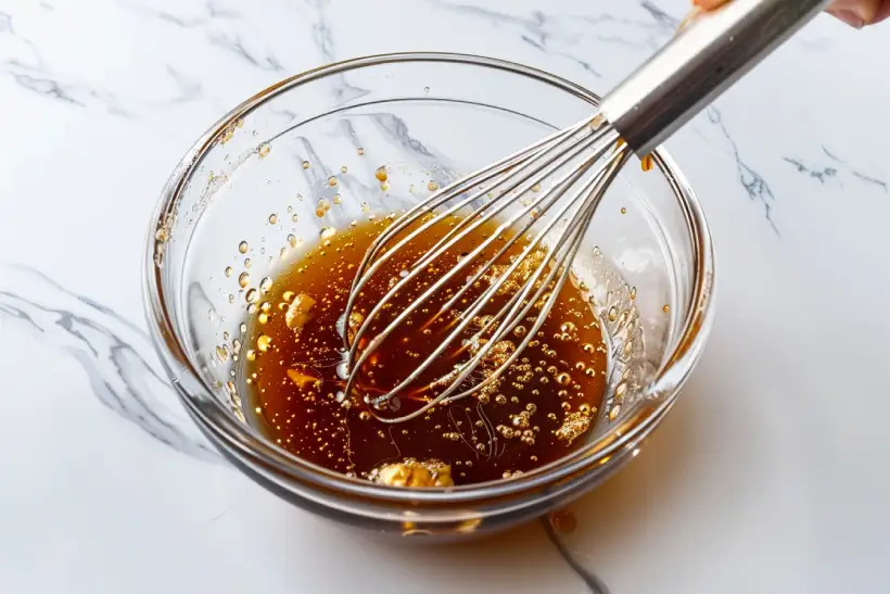 “Honey, ginger, garlic, soy sauce and vinegar being whisked together in a glass bowl on white marble.”