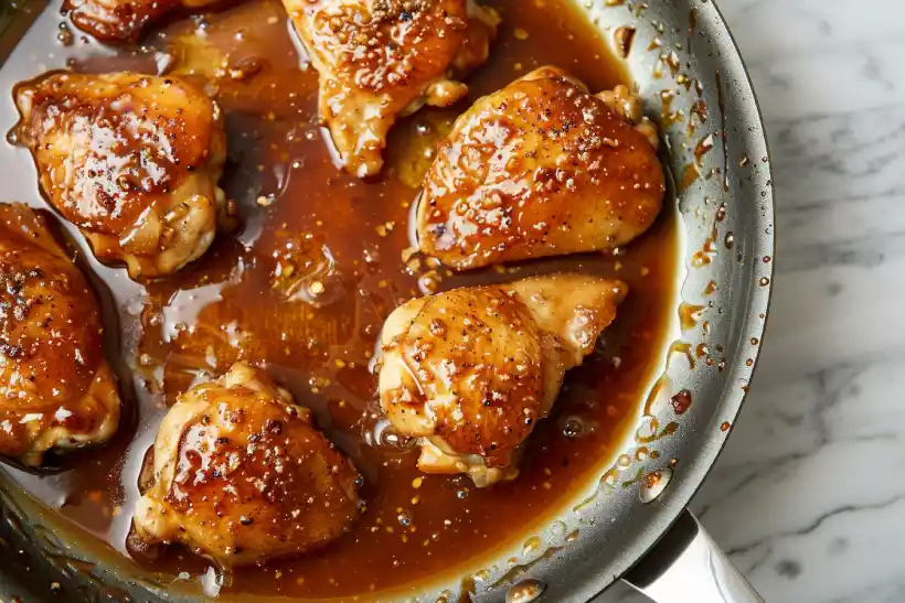 “Honey ginger glaze reducing in a skillet, bubbling and turning glossy over chicken.”