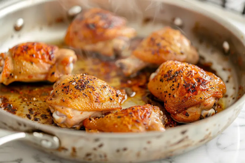 “Chicken thighs searing in a stainless-steel skillet, lightly browned on white marble countertop.”