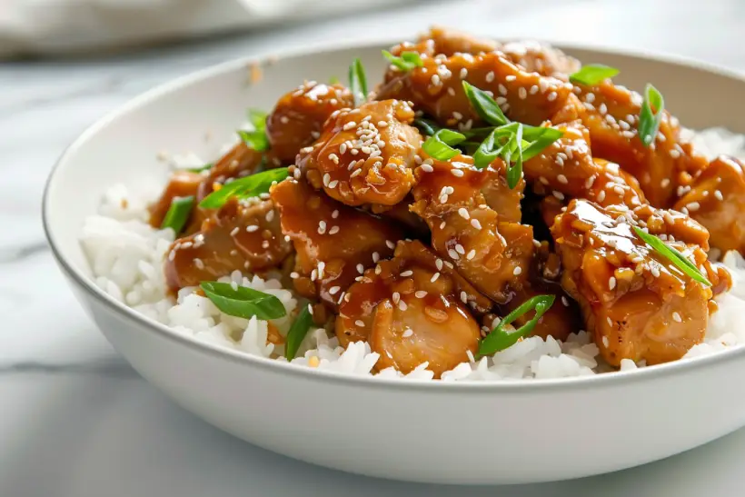 “Honey Ginger Chicken served over jasmine rice in a white bowl on a white marble countertop.”