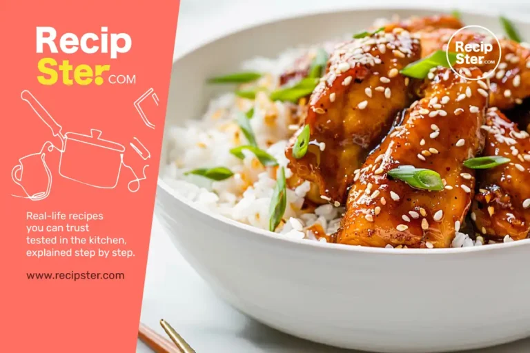 Honey Ginger Chicken served over fluffy white rice, topped with sesame seeds and green onions, close-up shot.