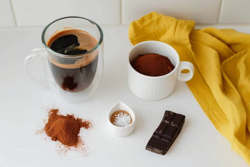 Ingredients for hot cocoa mixed with coffee on a white marble surface, including cocoa, coffee, and a clear mug.