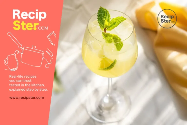 Non-alcoholic Hugo spritz in a wine glass with mint and lime slices on ice, bright natural light on a marble surface.