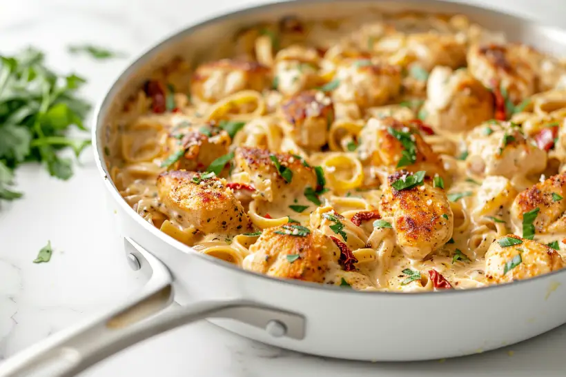 Side-view of a portion of Marry Me Chicken Pasta being served from a white metallic pan onto a white plate