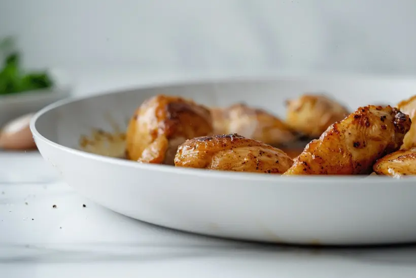 Side-view of chicken breasts searing in a white metallic pan on a white marble countertop