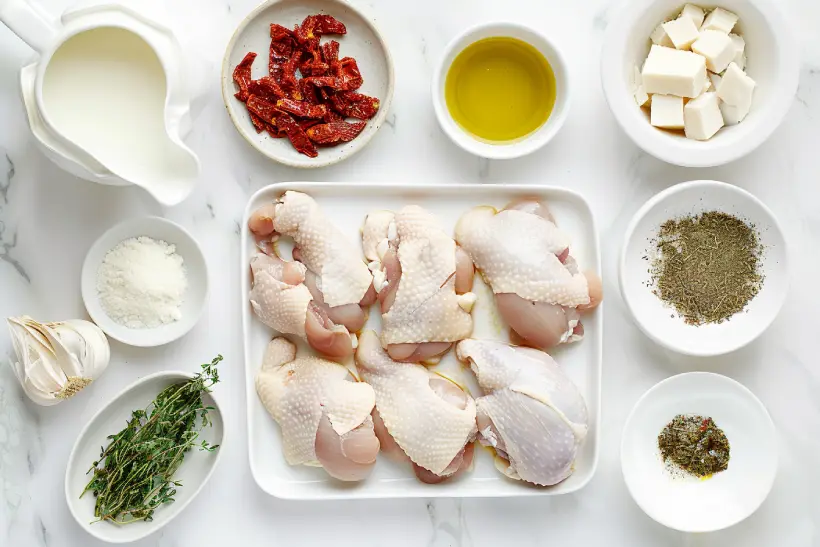 Ingredients for Marry Me Chicken Soup displayed on a clean white marble surface, including chicken, garlic, sun-dried tomatoes, cream, parmesan, broth, and herbs.