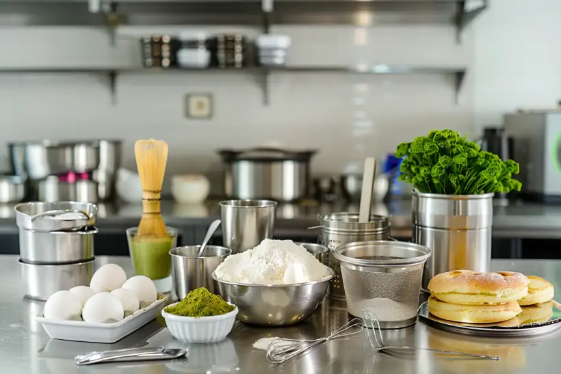 Matcha tiramisu ingredients displayed on stainless steel countertop with matcha powder, eggs, mascarpone, flour and metal bowls