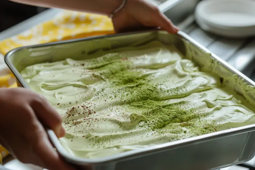 Hands lifting a stainless steel pan filled with finished matcha tiramisu, moving it toward an open refrigerator