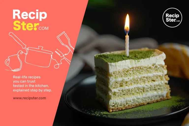 Slice of matcha tiramisu with visible green and white layers, topped with a lit birthday candle, served on a matte black plate in warm evening light