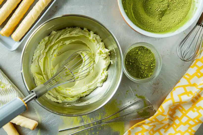 Bowl of matcha mascarpone cream being whisked with matcha powder nearby on stainless steel surface