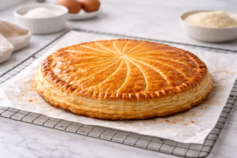 Top view of Traditional Galette des Rois sliced on a white plate with flaky puff pastry and almond filling