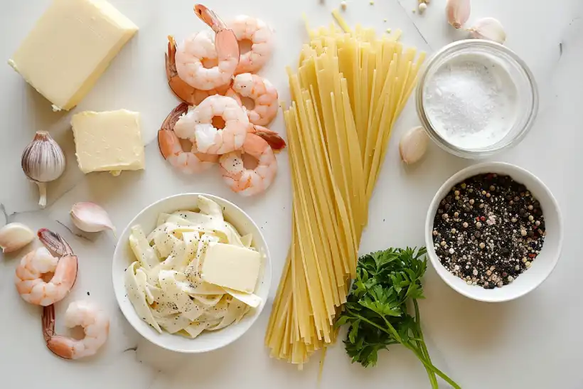 Ingredients for creamy shrimp alfredo on white marble countertop