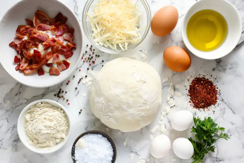 Ingredients for skillet breakfast pizza arranged on a white marble countertop