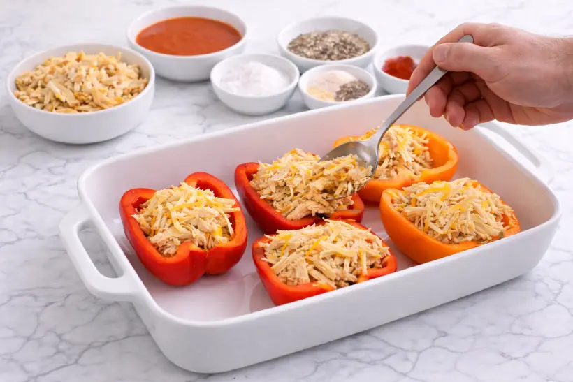 Stuffing bell peppers with buffalo chicken mixture before baking
