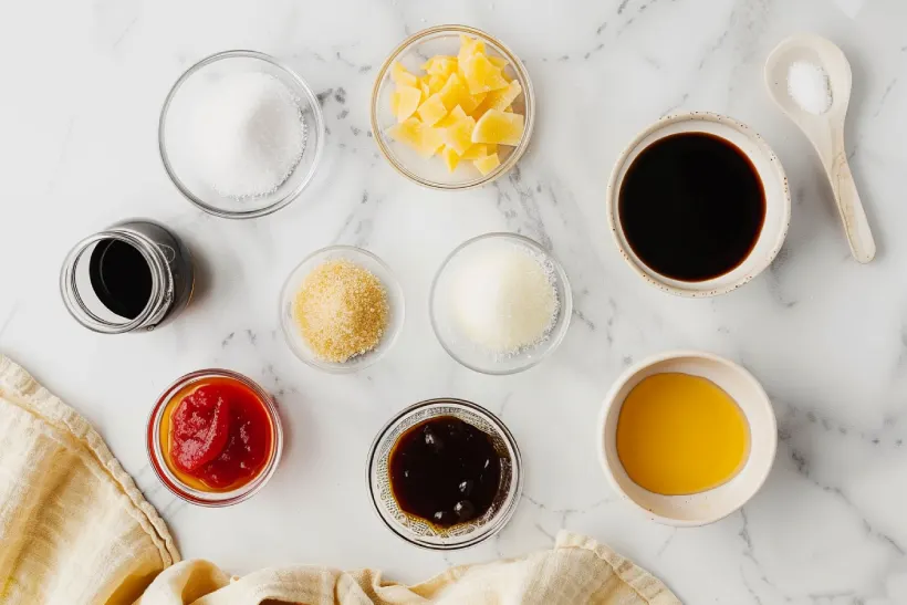 Ingredients for homemade tonkatsu sauce arranged once each on a yellow tablecloth