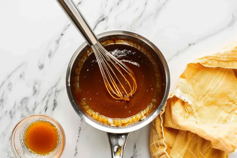 Tonkatsu sauce simmering gently in a saucepan with smooth texture