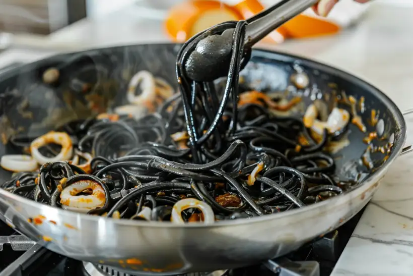 Squid ink pasta being tossed with calamari in black ink sauce